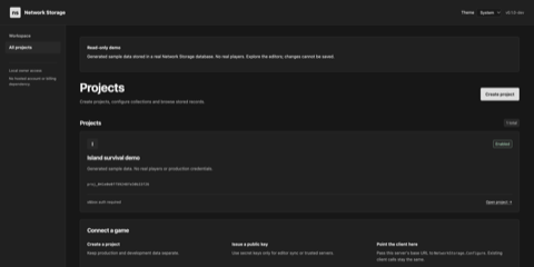 Demo project dashboard with generated Island survival project
