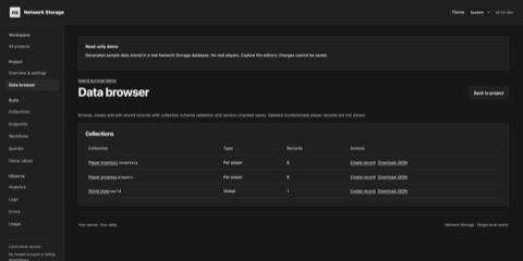 Demo data browser listing player, inventory and world collections