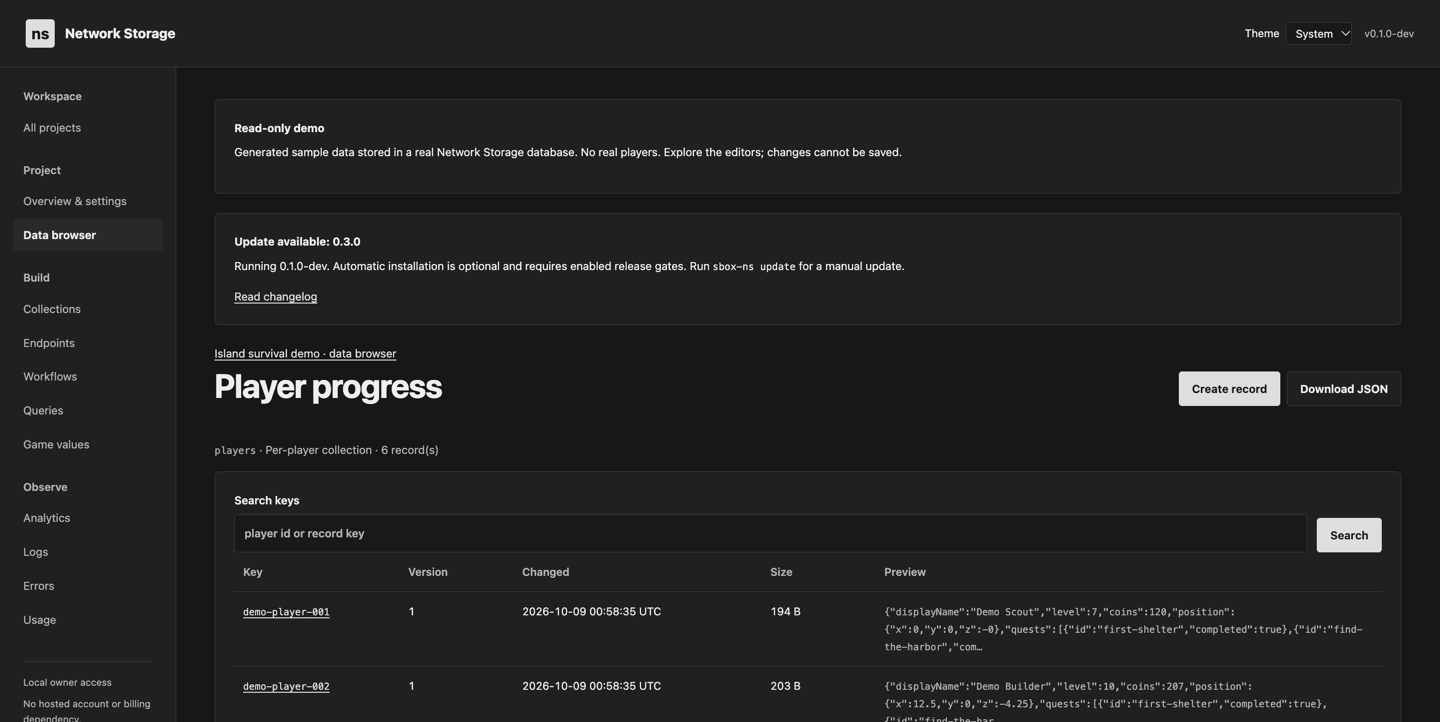 Demo player progress records with levels, coins and quests