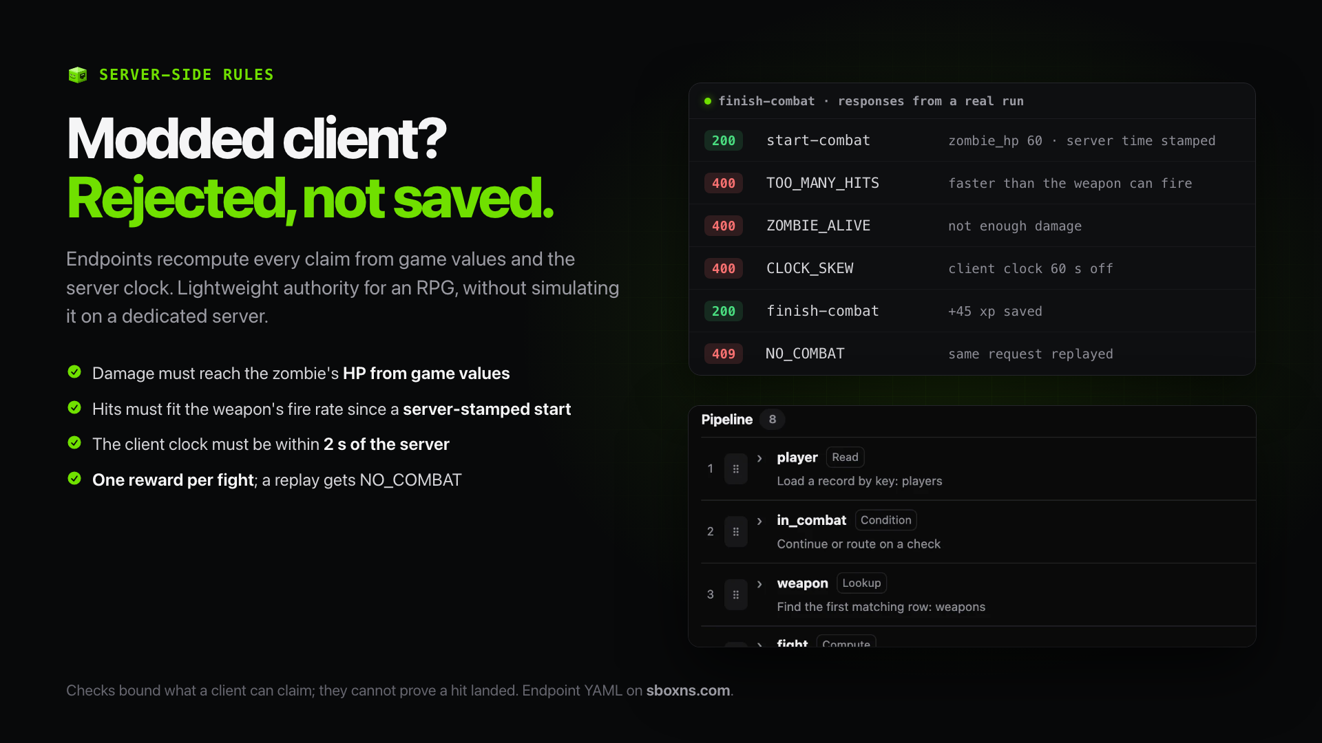 Anti-exploit checks: endpoints recompute claims on the server