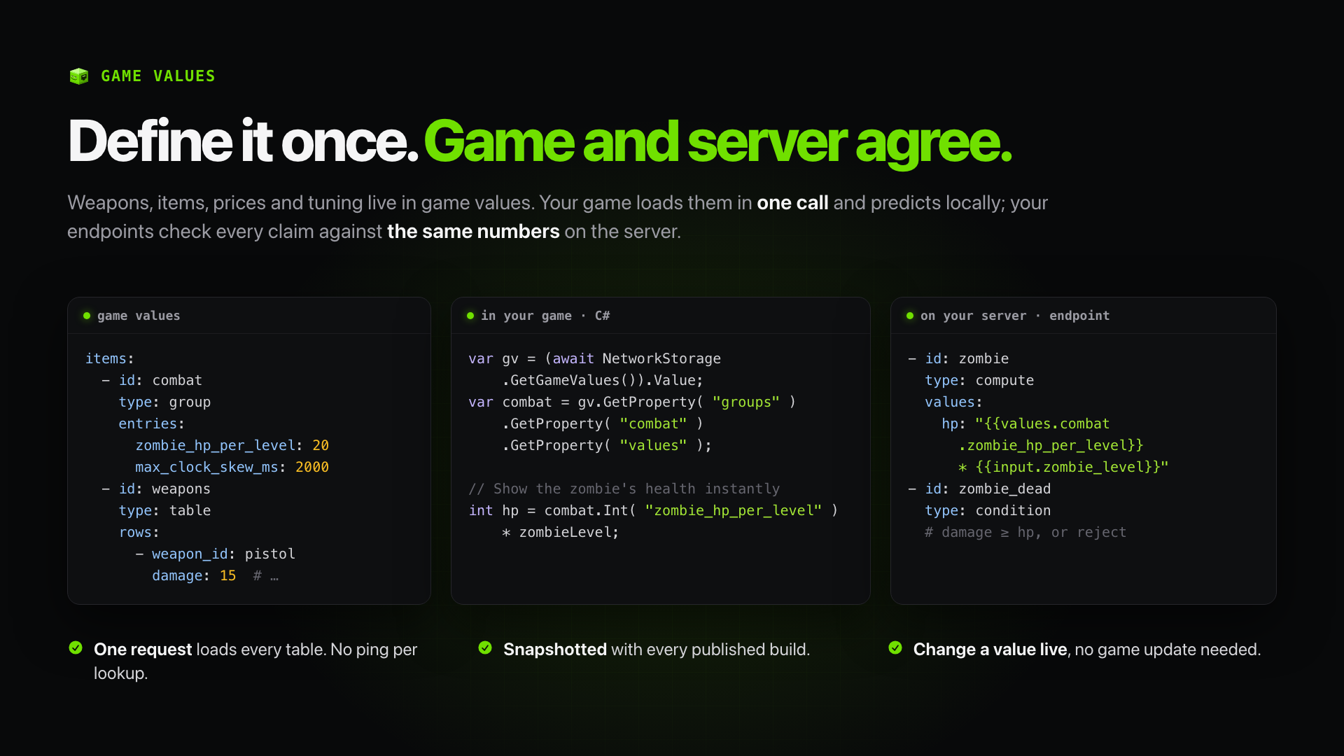 Game values: shared numbers the game and server both read